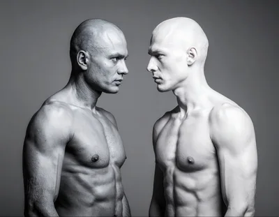 Two Muscular Men Facing Each Other In Studio