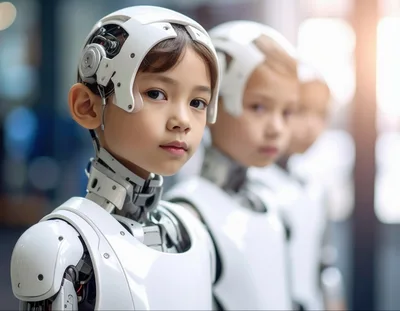 Portrait Of Humanoid Child Robots In A Row