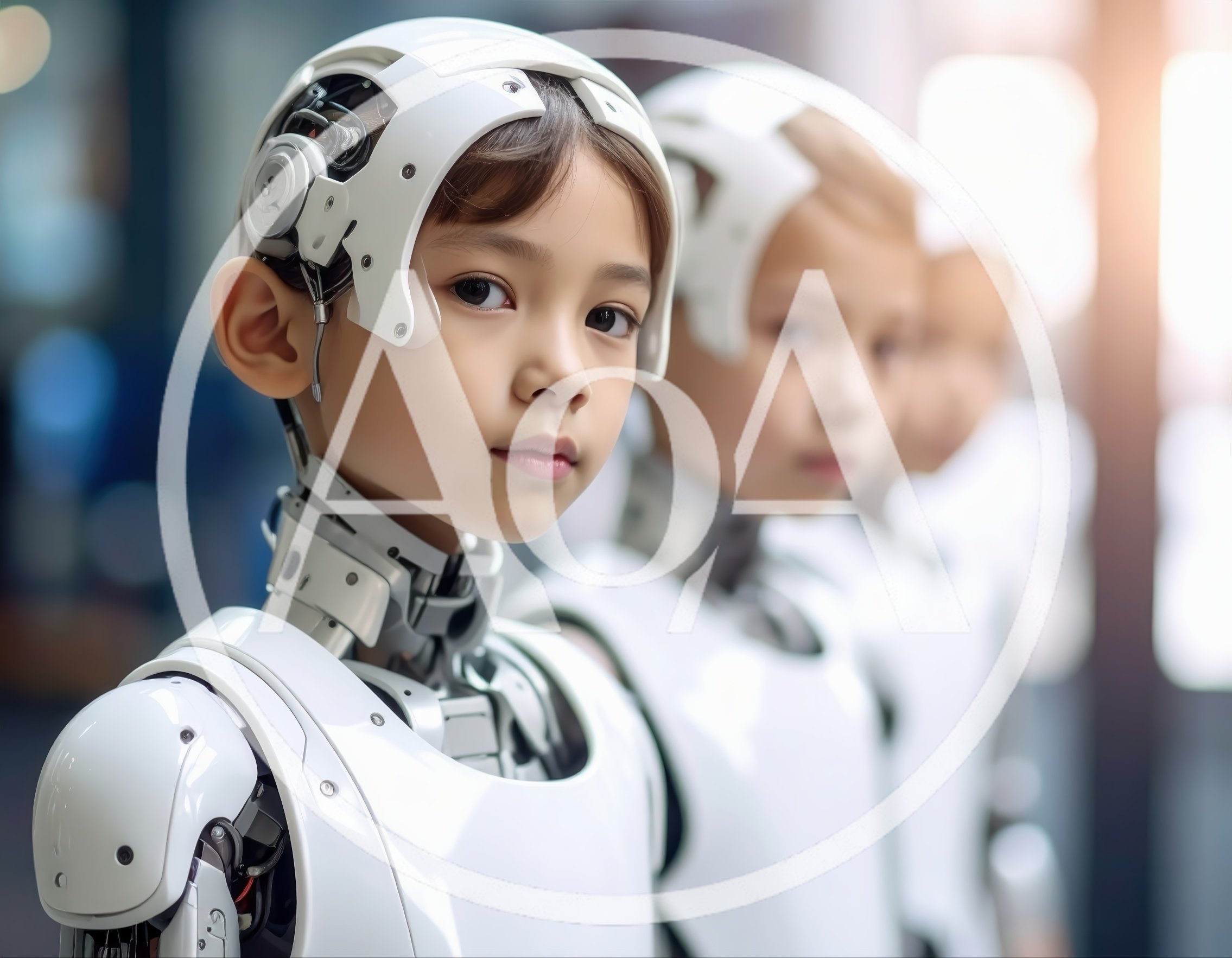 Portrait Of Humanoid Child Robots In A Row