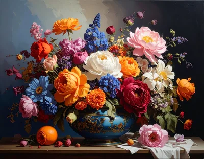 Still Life Oil Painting Of Vibrant Floral Bouquet