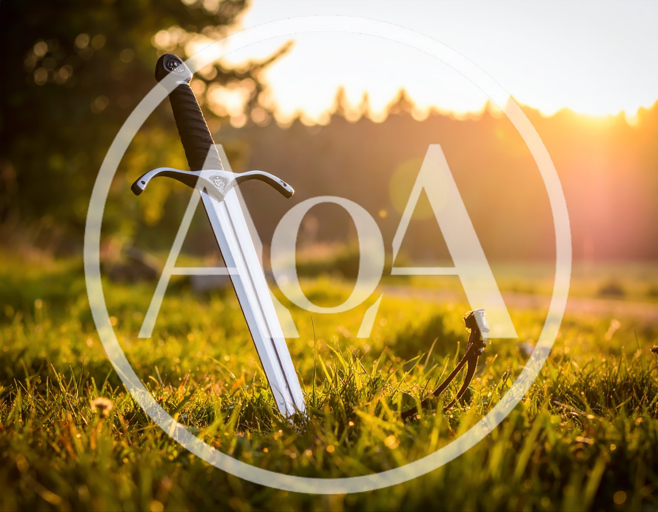 Medieval Sword Stuck In The Grass At Sunset