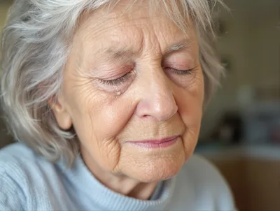 Close Up Portrait Of An Elderly Woman Crying