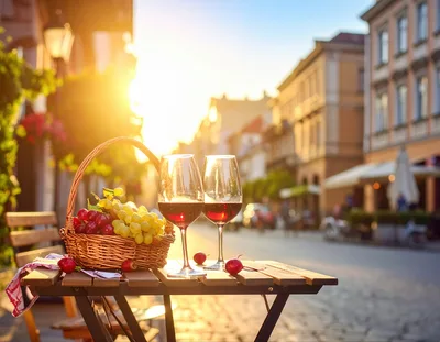 Wine Glasses And Fruit Basket On A European Street