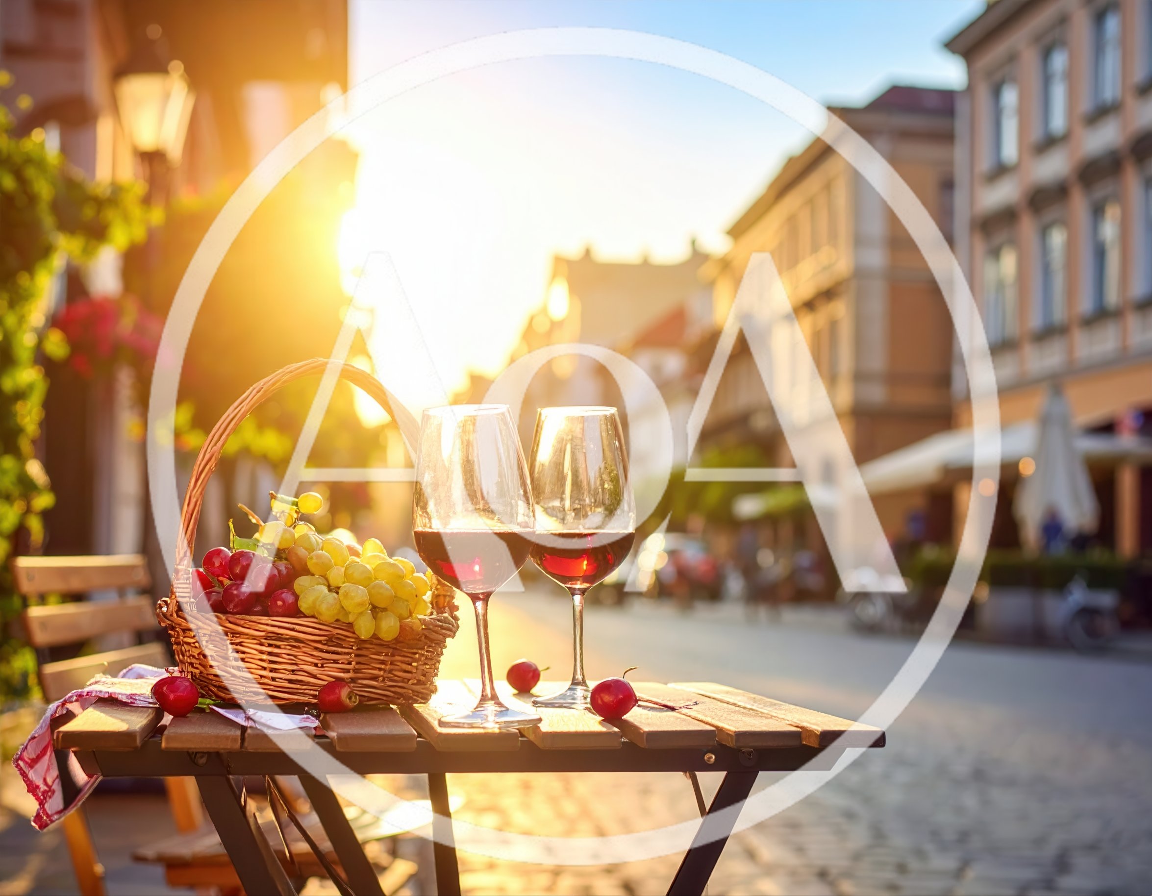 Wine Glasses And Fruit Basket On A European Street