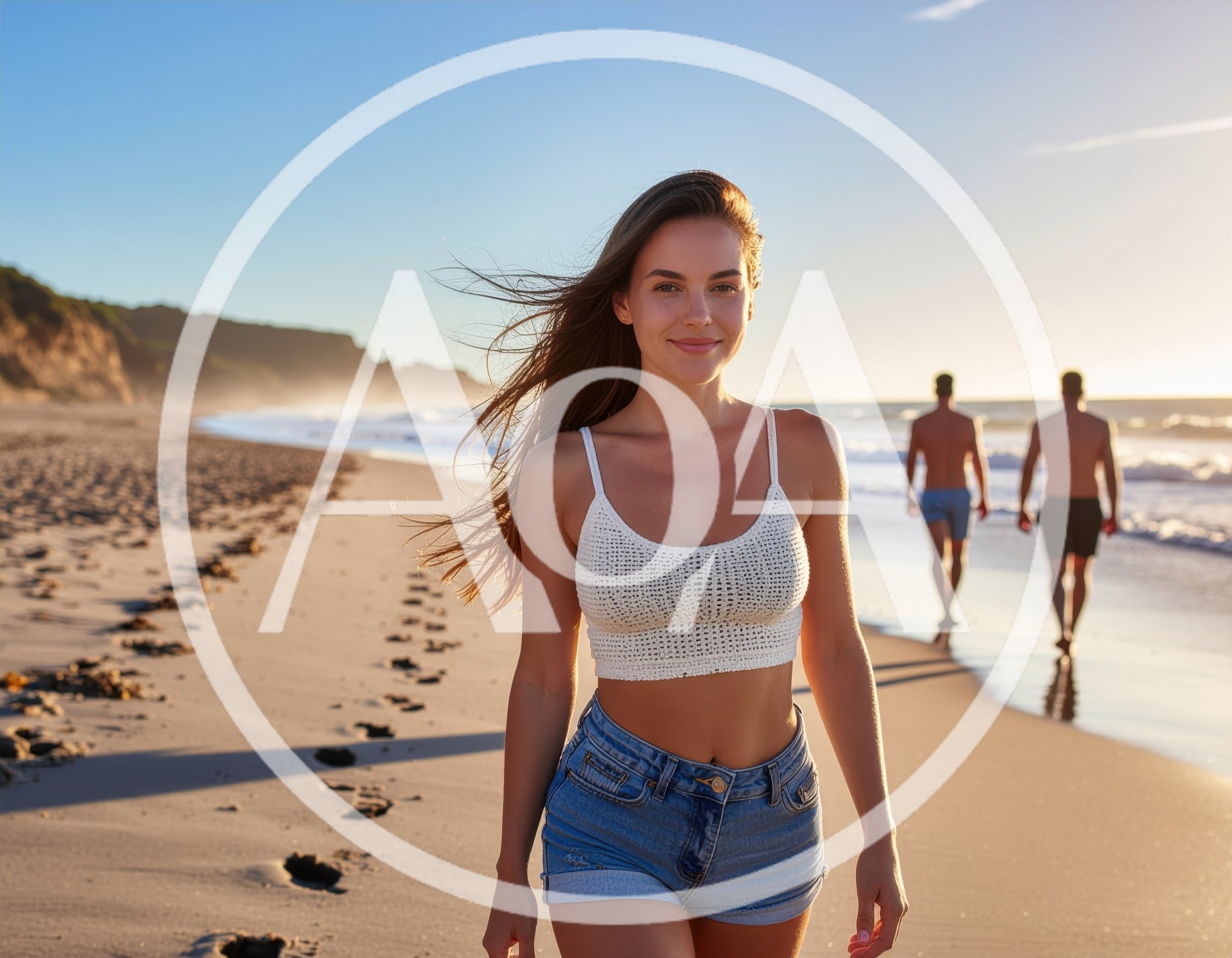 Young Woman Walking Along A Sunny Beach