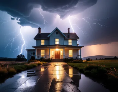 Two Story Farmhouse During A Dramatic Lightning Storm