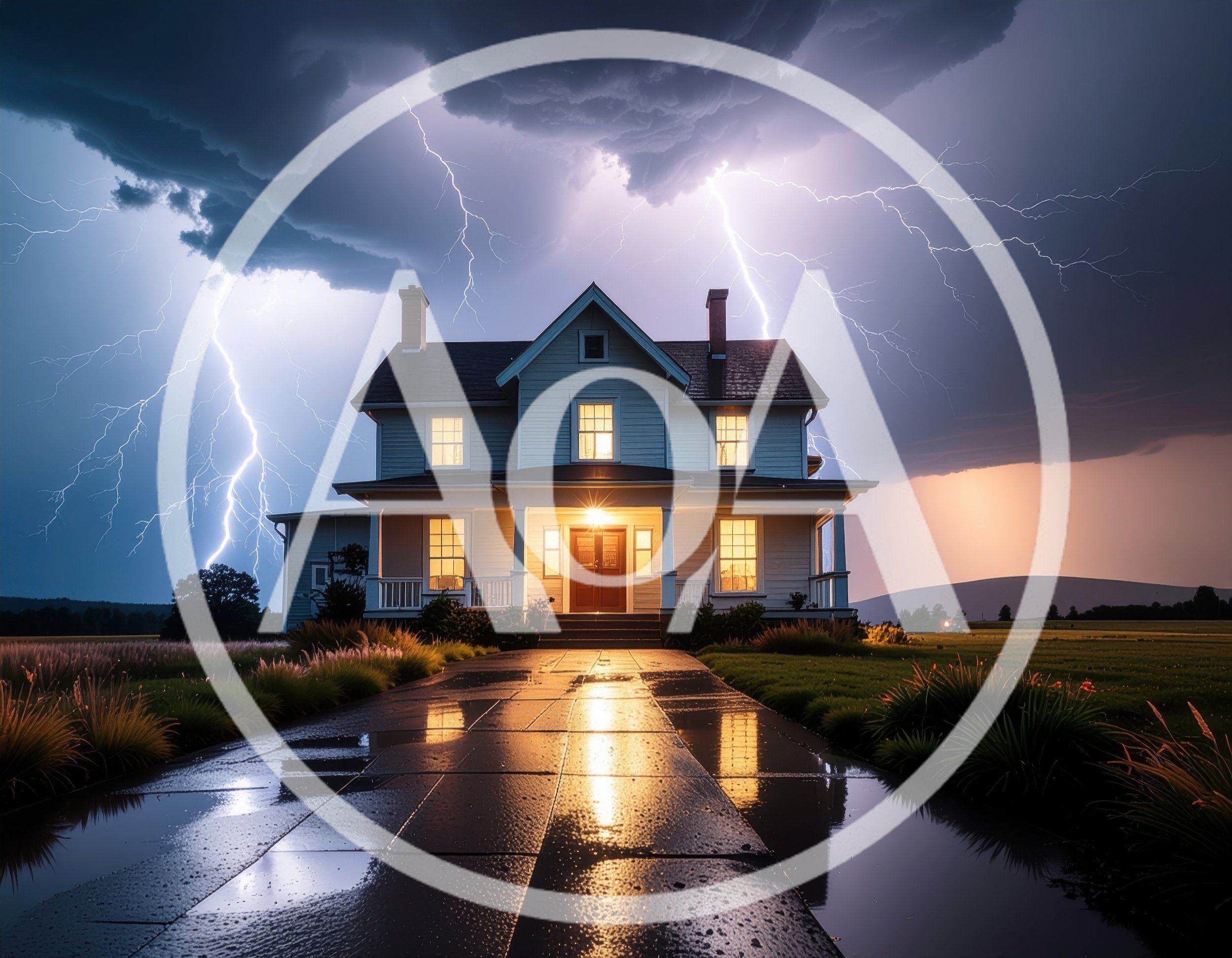 Two Story Farmhouse During A Dramatic Lightning Storm