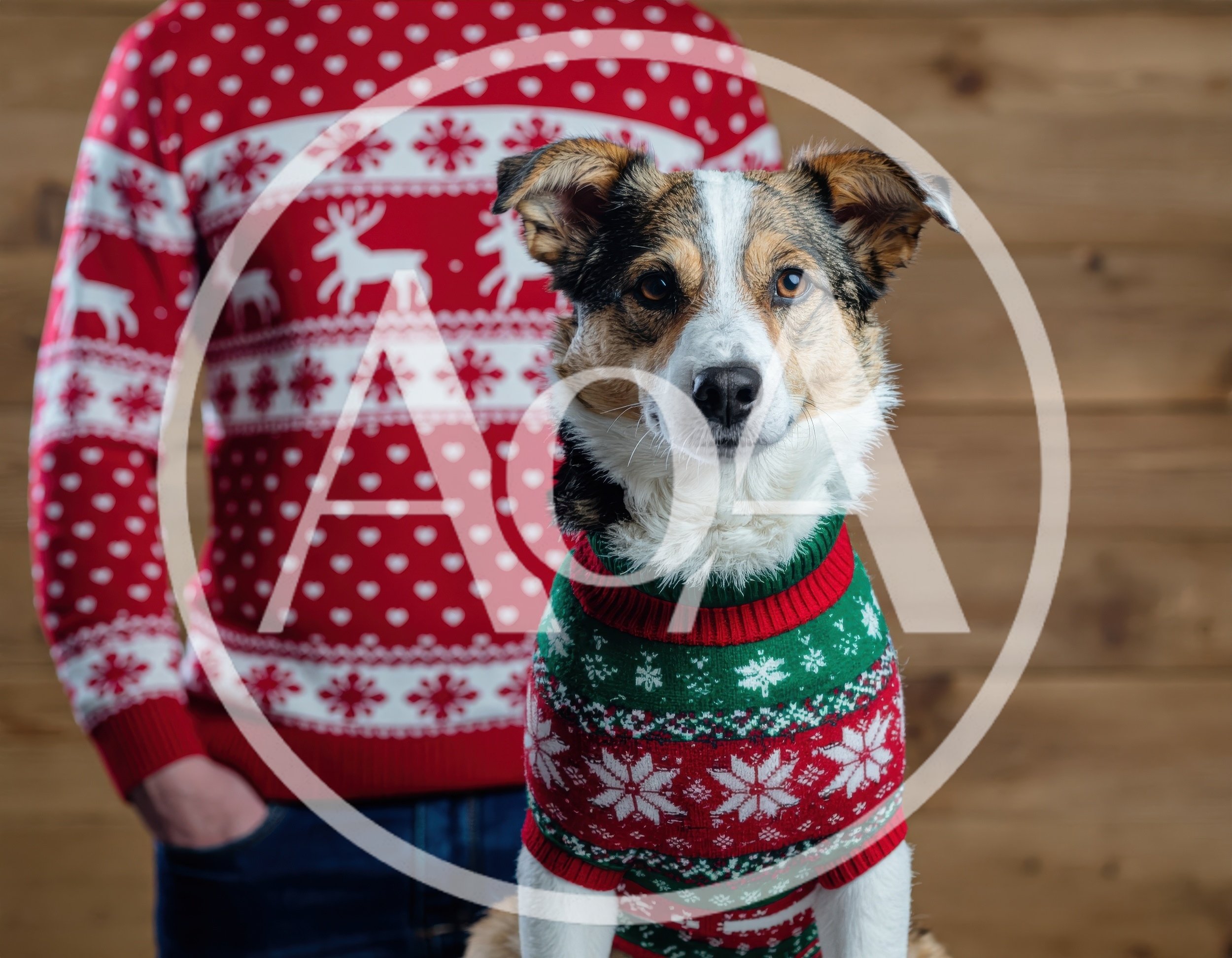 Person And Dog Wearing Matching Christmas Sweaters