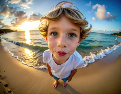 Young Boy With Fisheye Lens Portrait On Beach