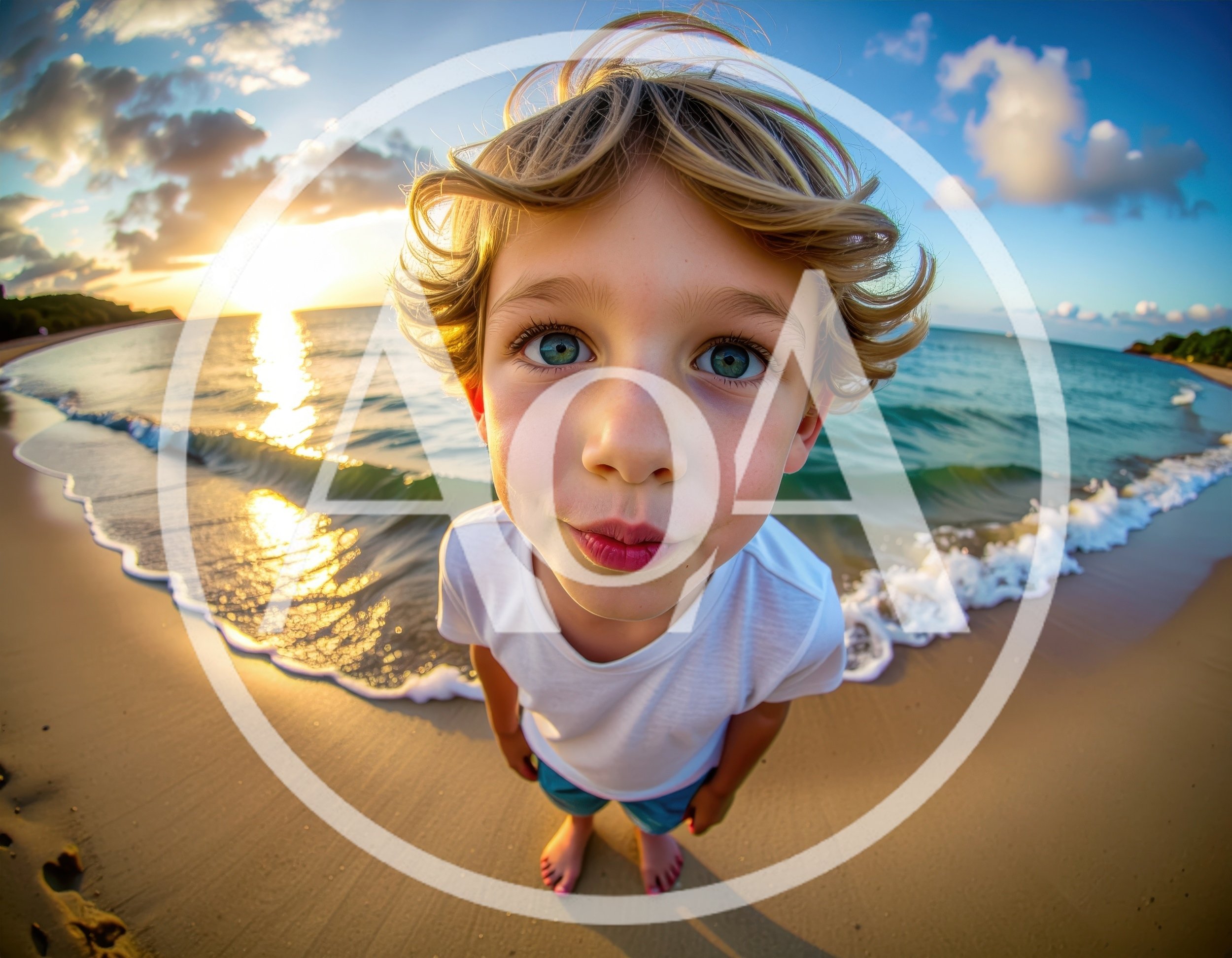 Young Boy With Fisheye Lens Portrait On Beach
