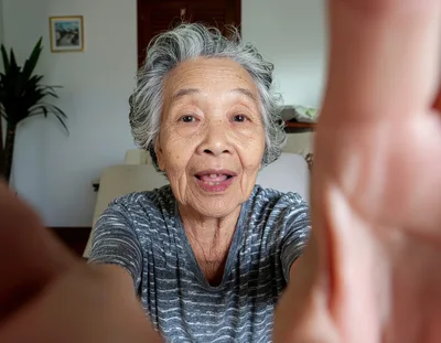 Elderly Asian Woman Taking A Selfie At Home