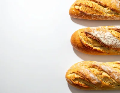 Three Freshly Baked French Baguettes On White Background