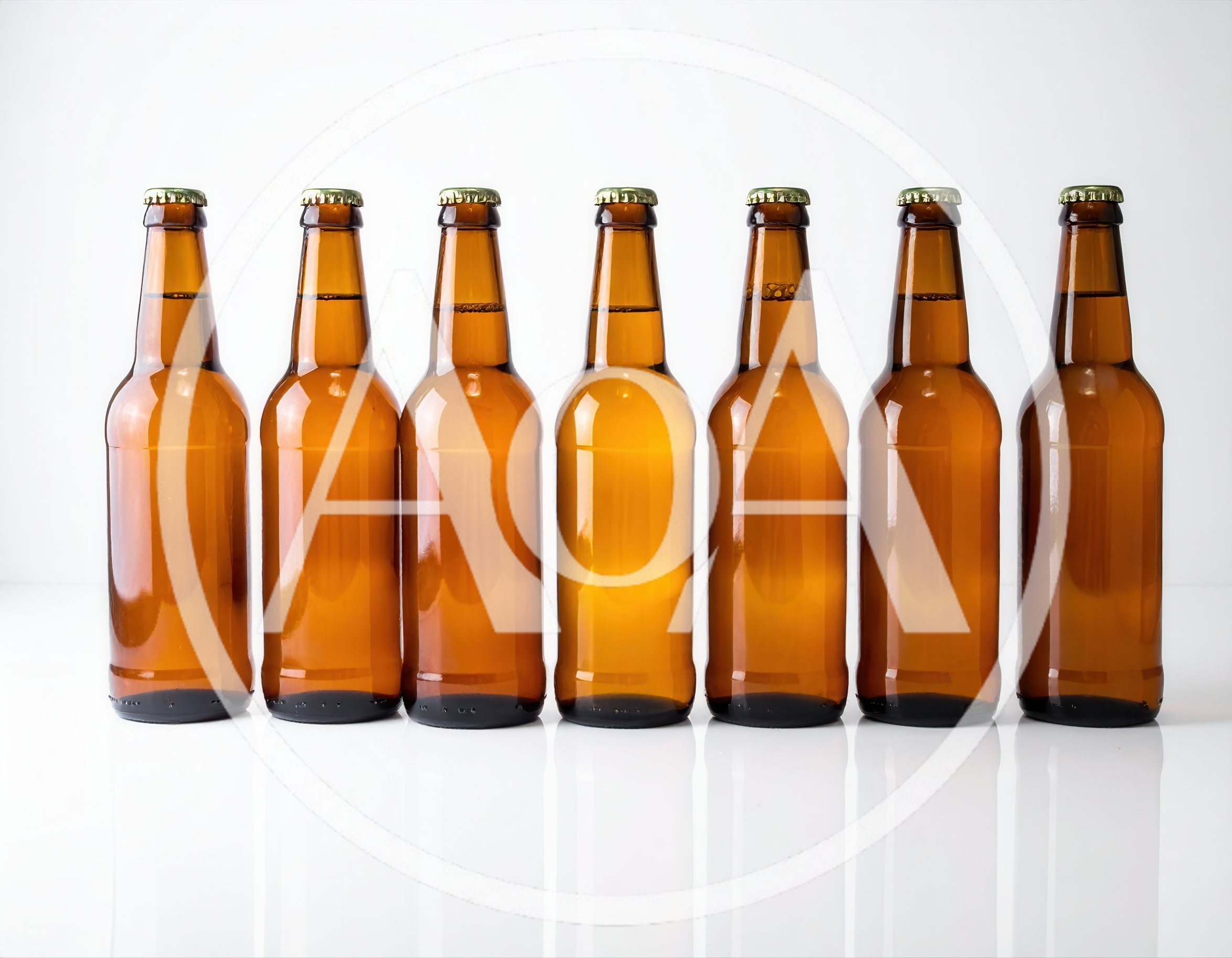 Seven Brown Glass Beer Bottles In A Row
