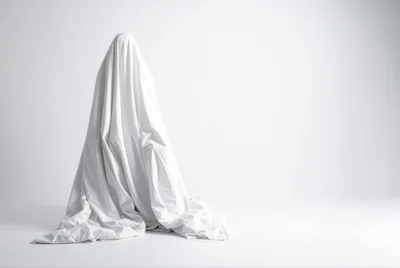 Person Draped In White Sheet Standing Against White Background