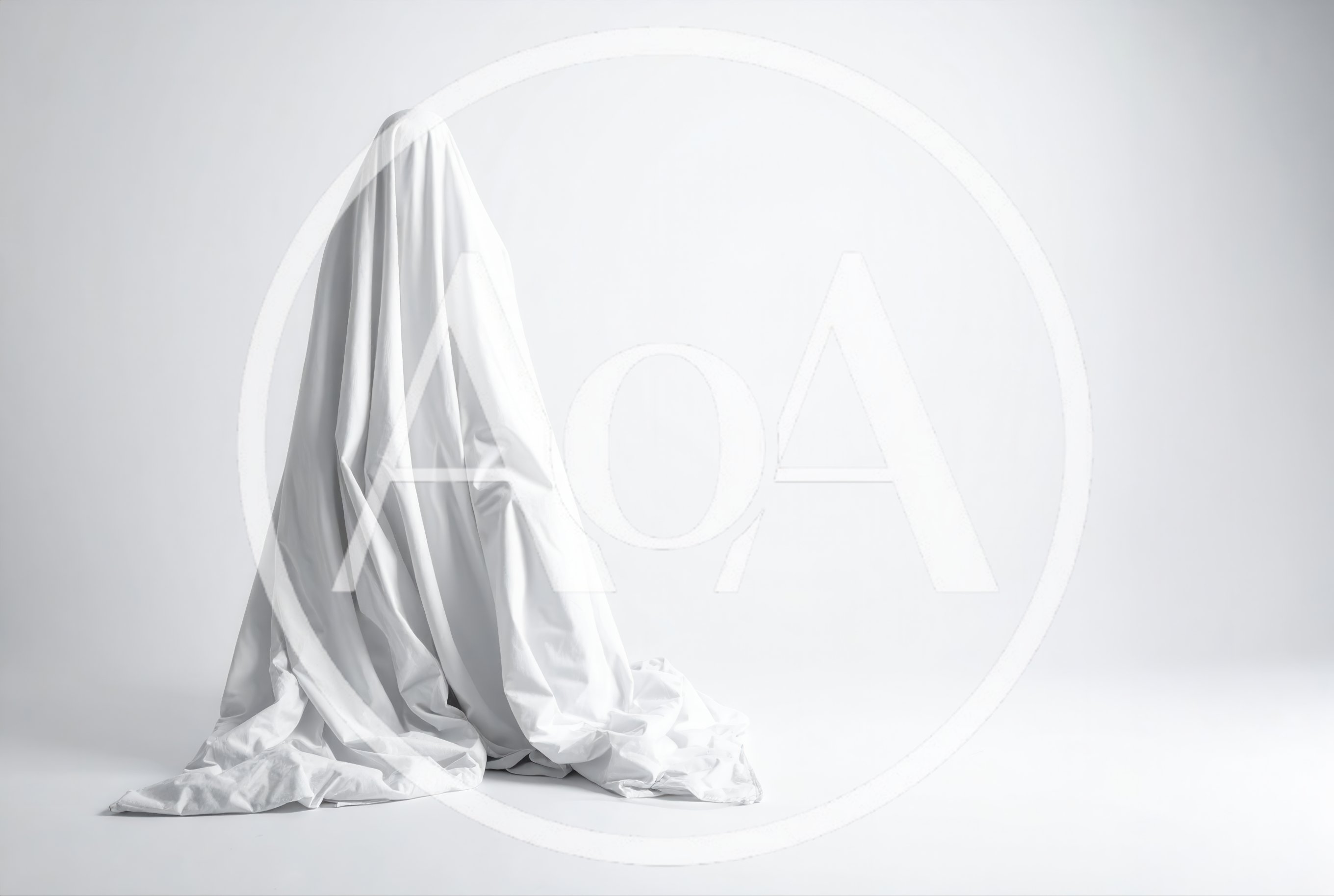 Person Draped In White Sheet Standing Against White Background