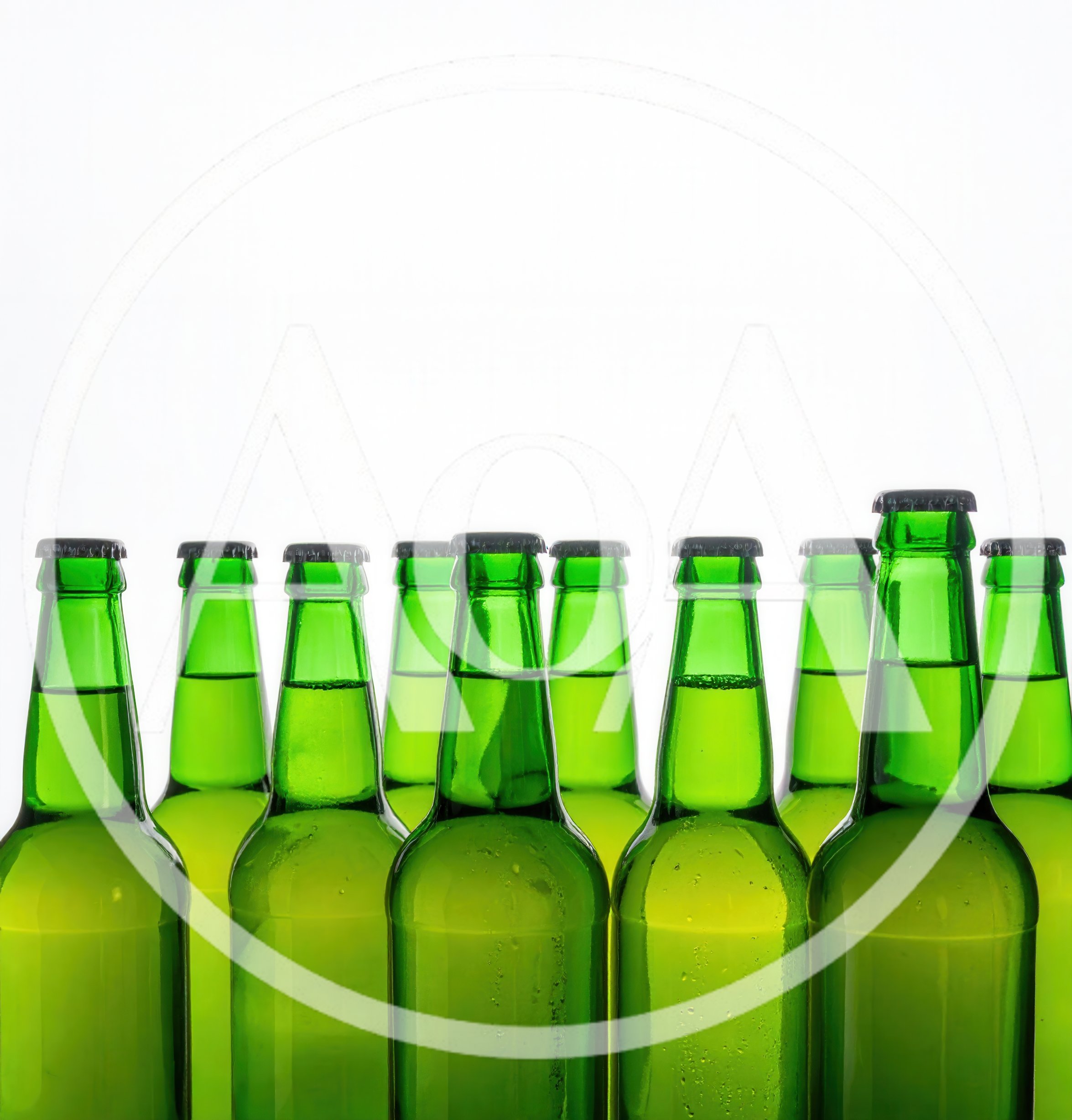 Row of Green Glass Beer Bottles