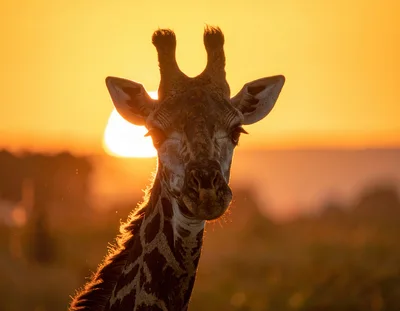 Giraffe Head Portrait Against Golden Sunset