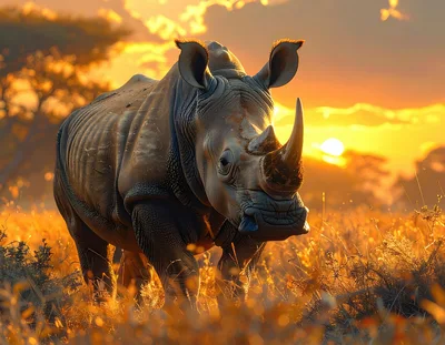 Majestic Rhinoceros Standing In Golden African Savanna Sunset
