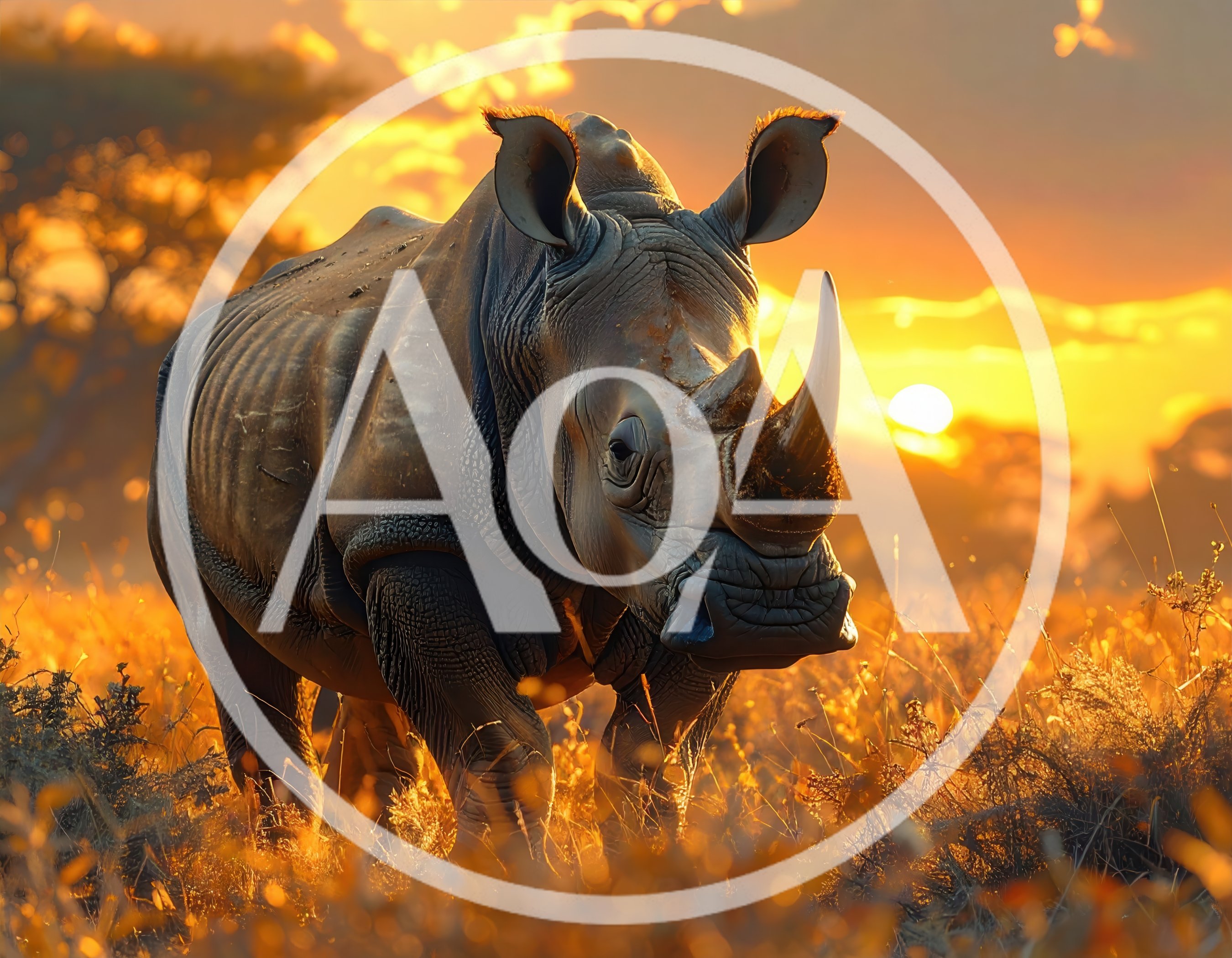 Majestic Rhinoceros Standing In Golden African Savanna Sunset