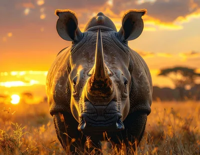 Majestic Rhinoceros Standing In African Savanna At Sunset