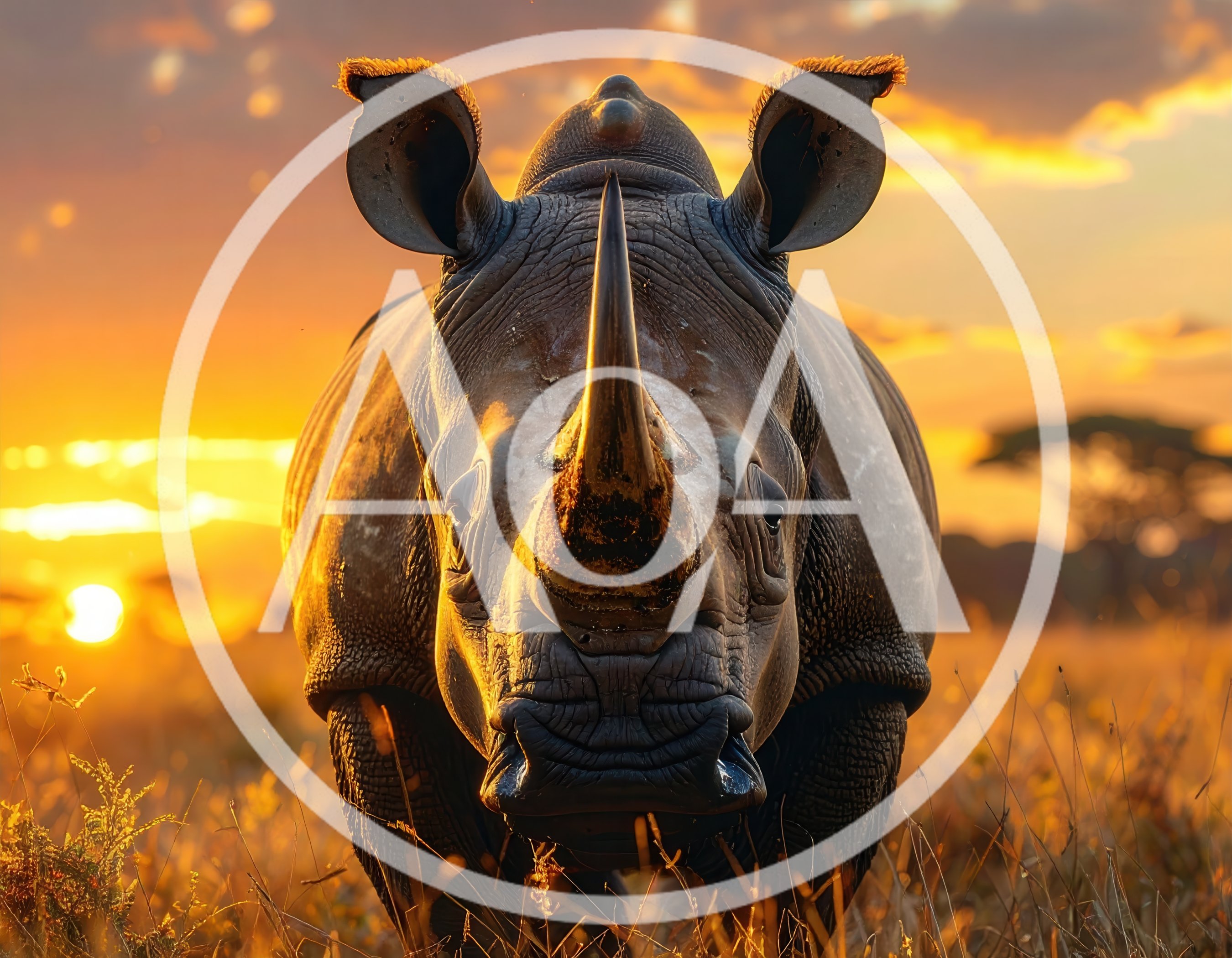 Majestic Rhinoceros Standing In African Savanna At Sunset