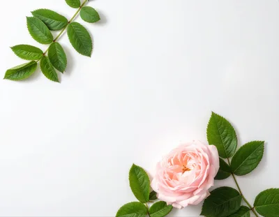 Pink Rose Flower With Green Leaves On White Background
