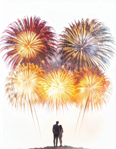 Couple Watching Fireworks Display Against White Background