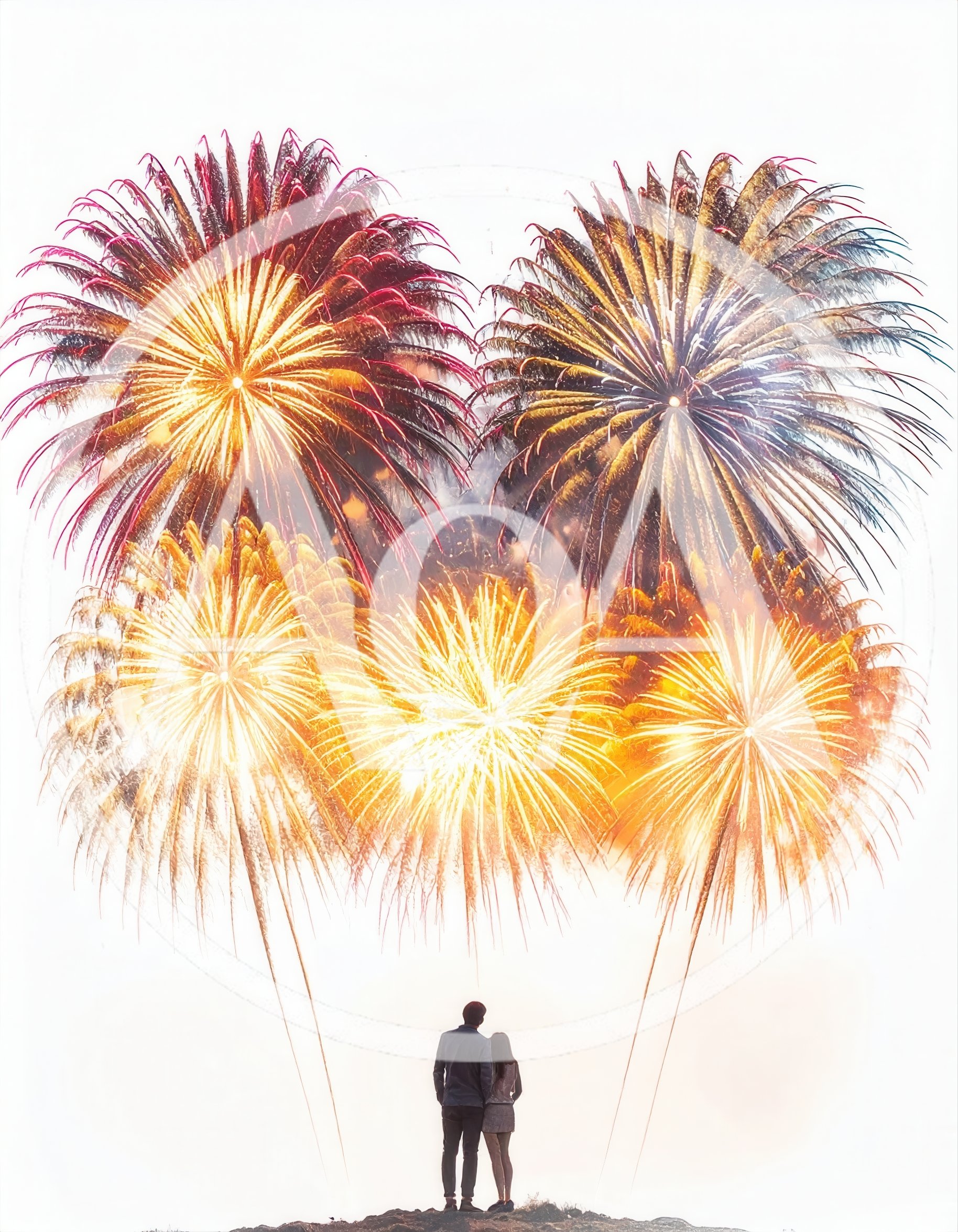Couple Watching Fireworks Display Against White Background