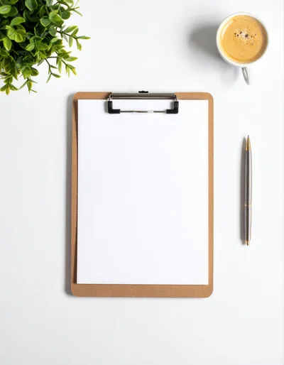Clipboard With Blank Paper And Coffee On White Desk