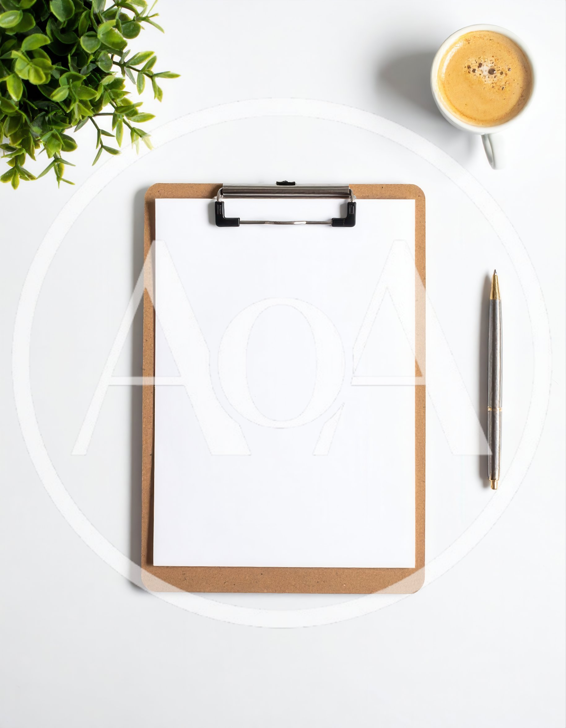 Clipboard With Blank Paper And Coffee On White Desk