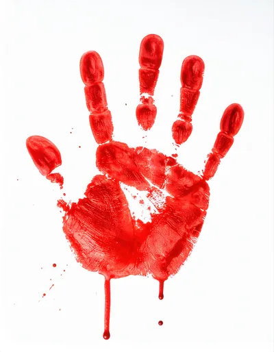 Red Handprint With Dripping Paint On White Background