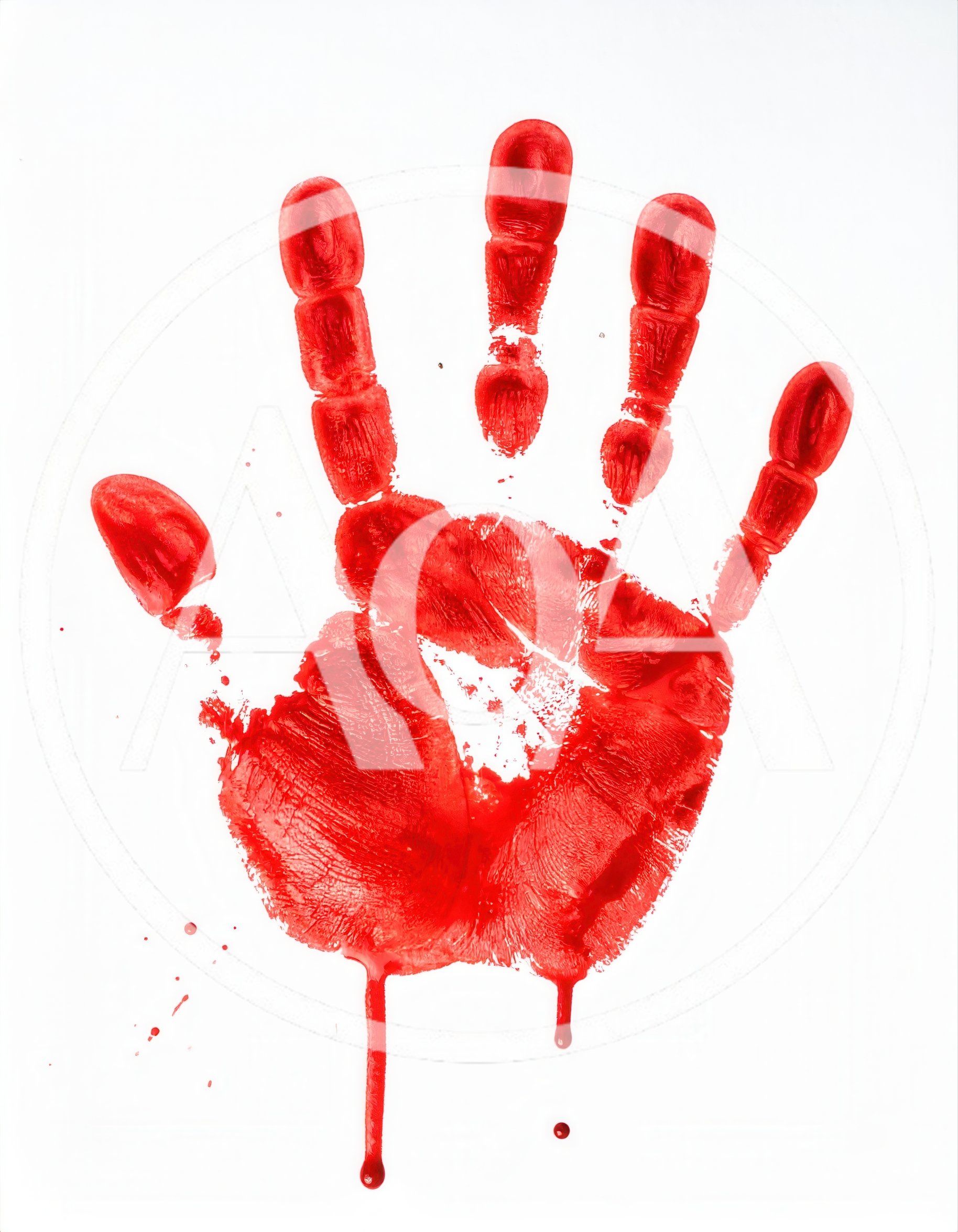Red Handprint With Dripping Paint On White Background