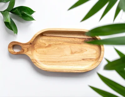 Wooden Serving Tray With Tropical Leaves