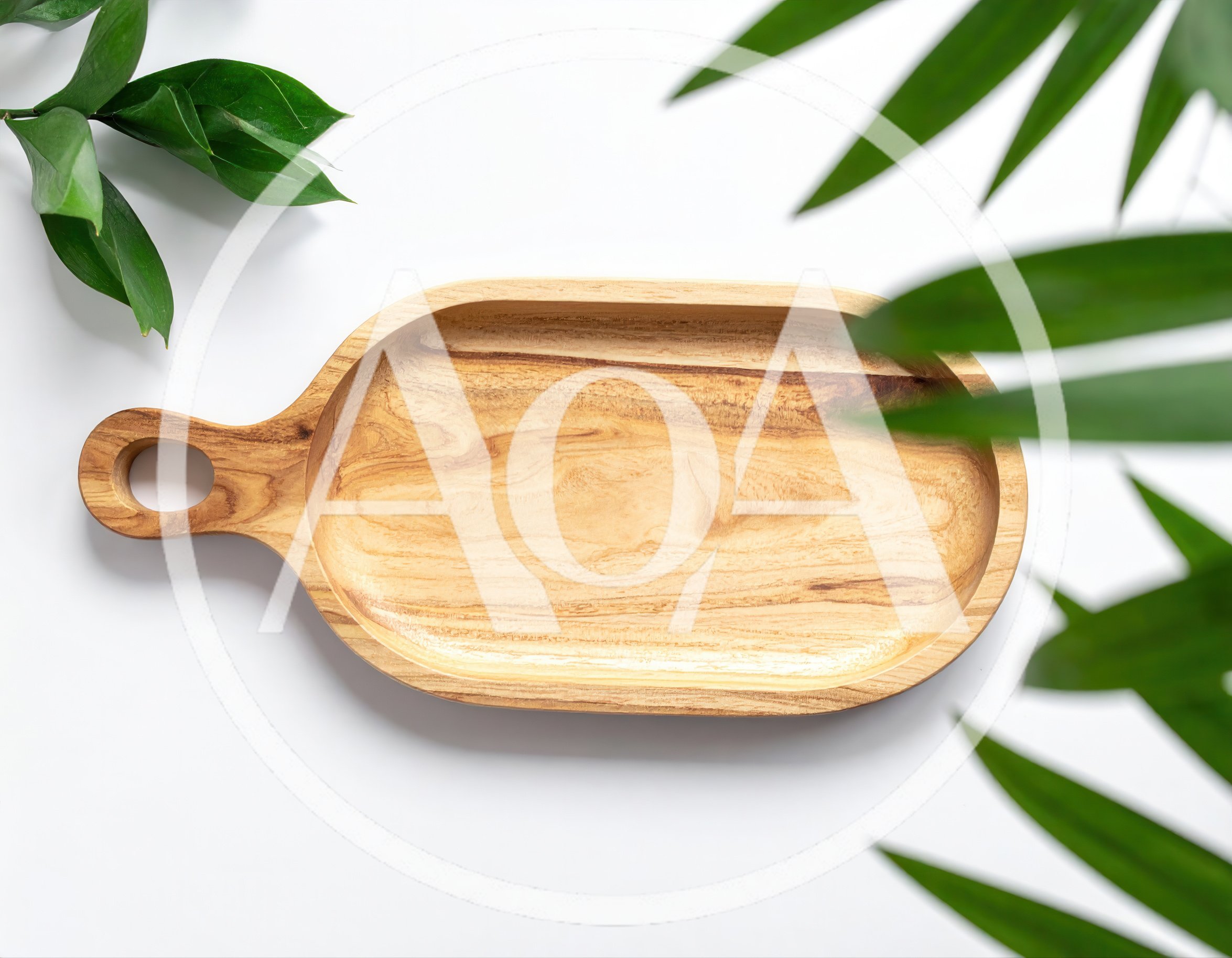 Wooden Serving Tray With Tropical Leaves
