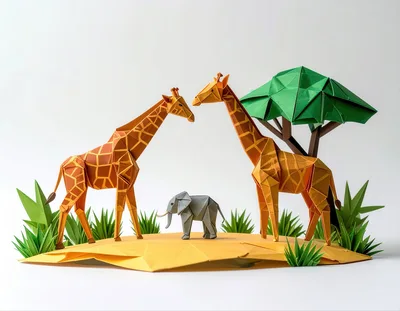Origami Giraffes And Elephant In Paper Savannah Scene