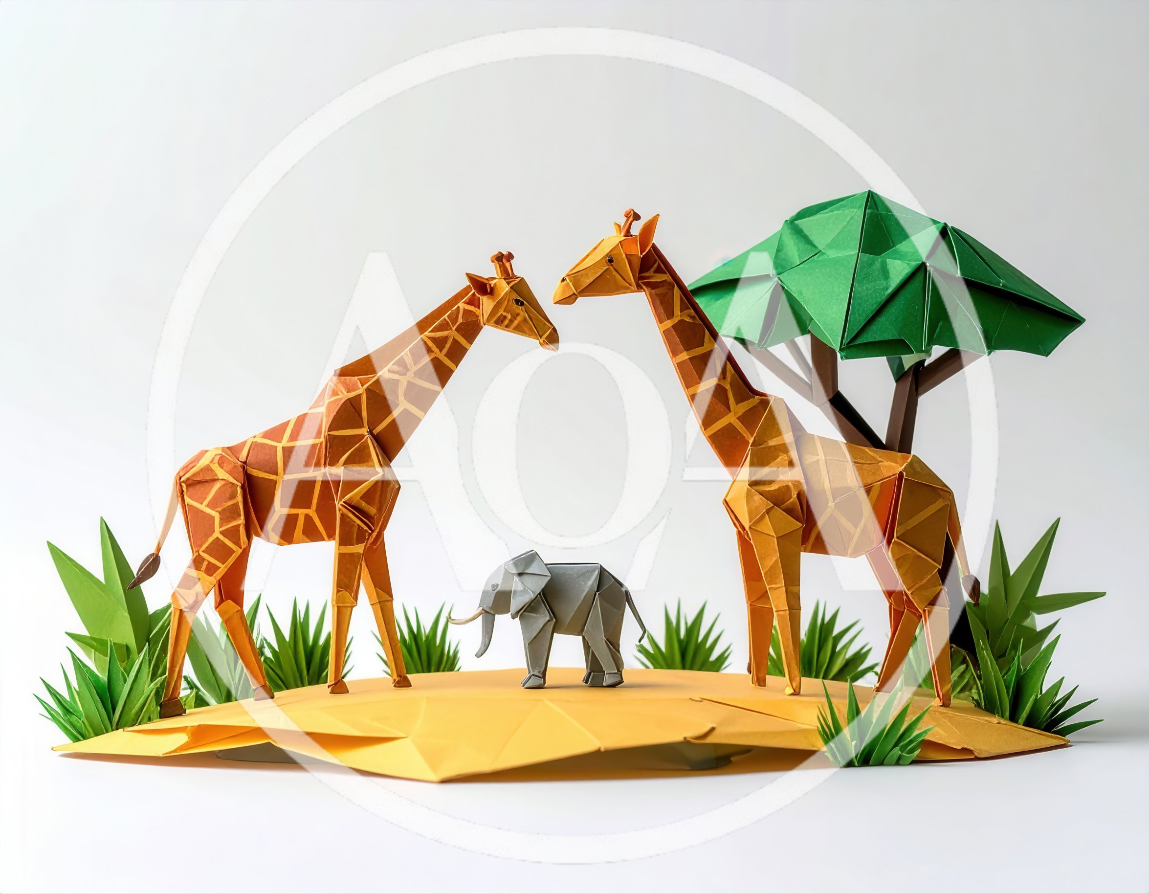 Origami Giraffes And Elephant In Paper Savannah Scene
