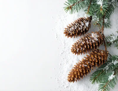 Pine Cones and Evergreen Branches on Snow