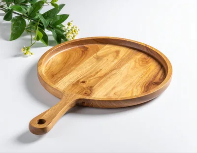 Wooden Serving Tray With Handle And Floral Decoration