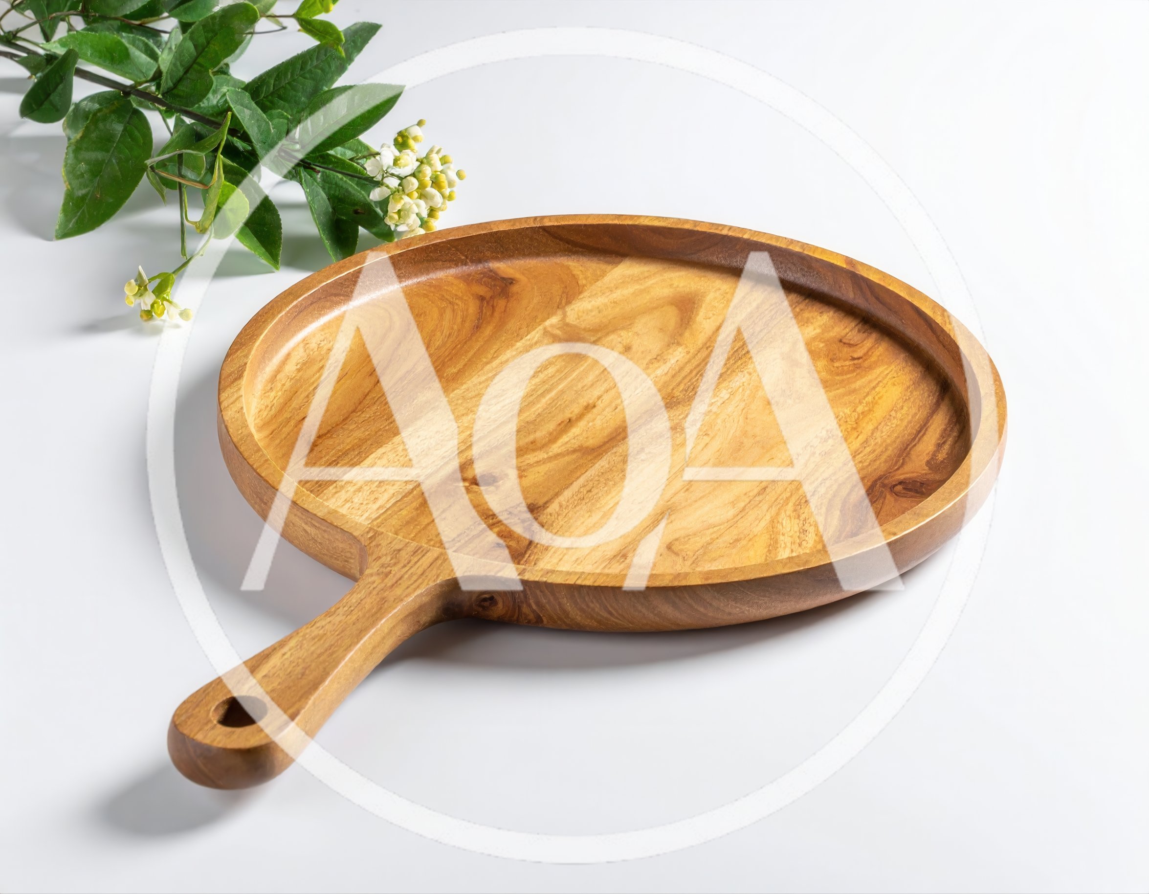 Wooden Serving Tray With Handle And Floral Decoration