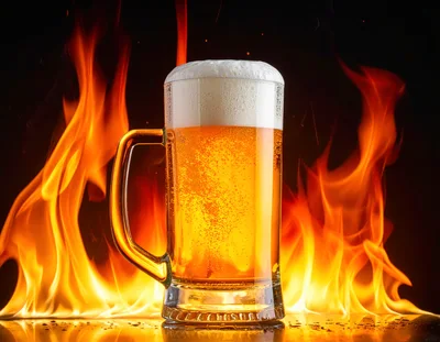 Glass Mug Of Golden Beer Against Blazing Fire Background