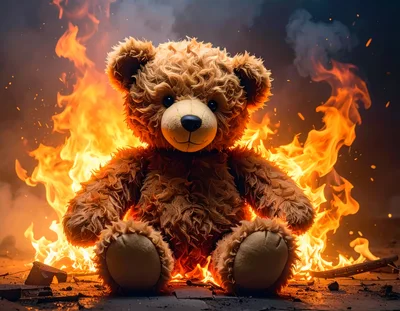 Teddy Bear Sitting In Front Of Intense Fire
