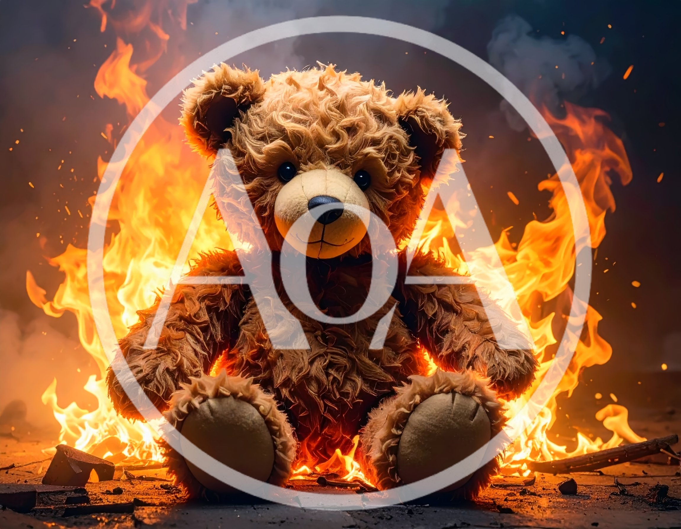 Teddy Bear Sitting In Front Of Intense Fire