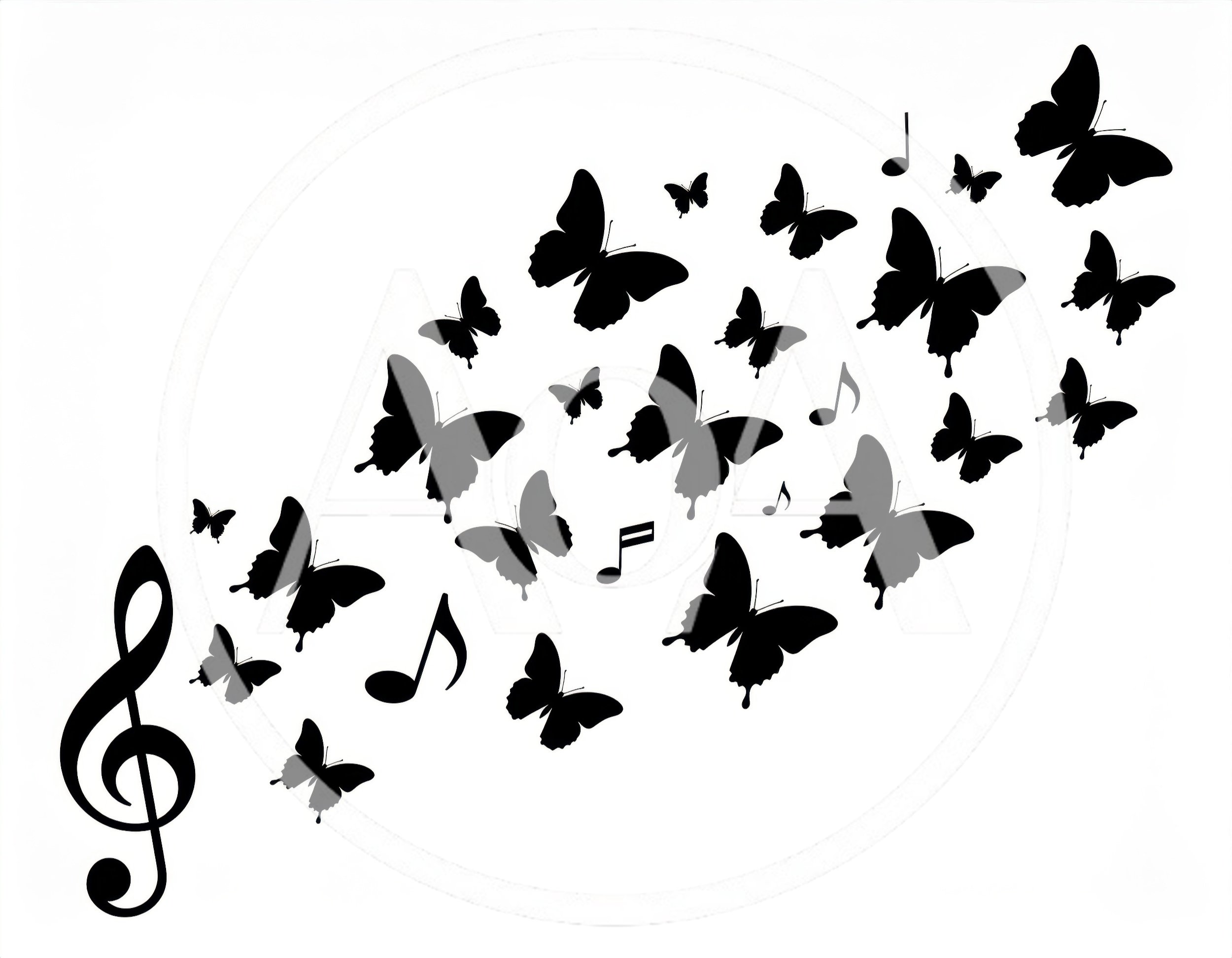 Black Silhouette Butterflies And Musical Notes Design