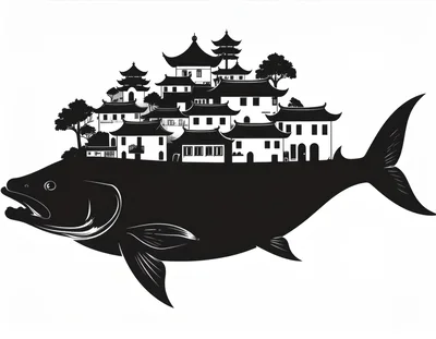 Surreal Illustration Of A Traditional Village On A Fish