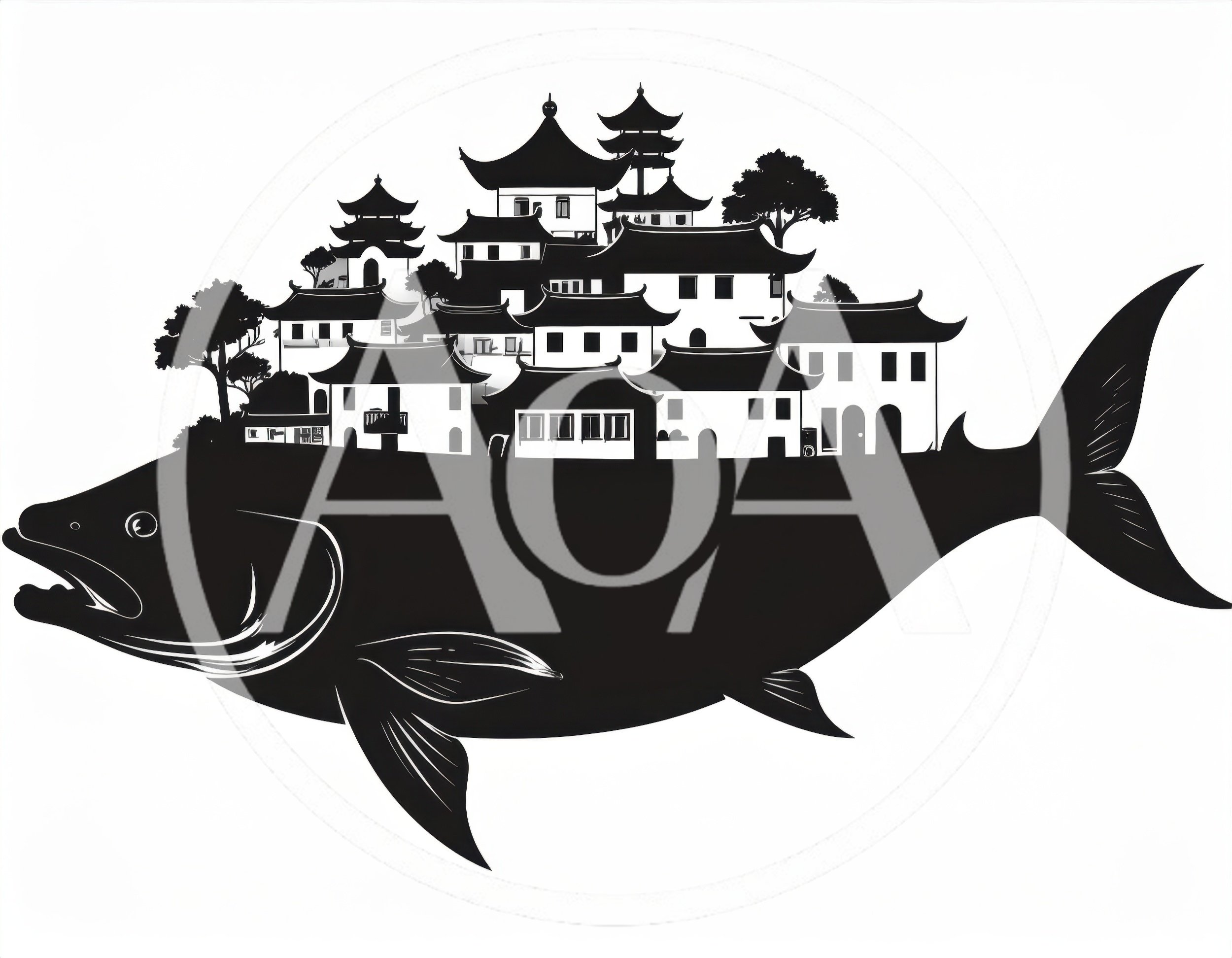 Surreal Illustration Of A Traditional Village On A Fish