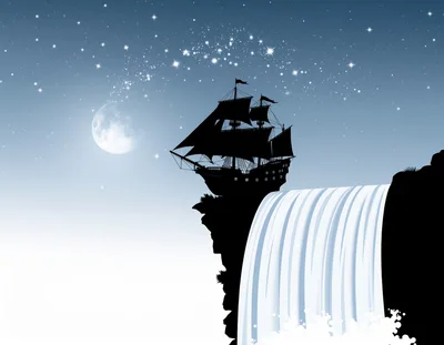 Silhouette Of A Sailing Ship Atop A Waterfall