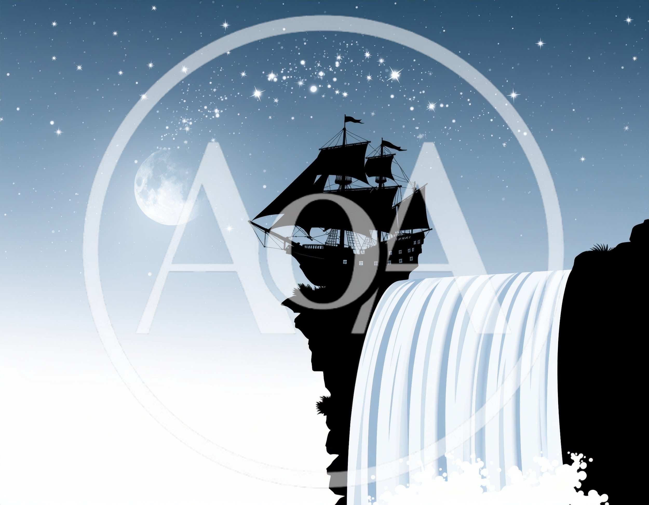 Silhouette Of A Sailing Ship Atop A Waterfall