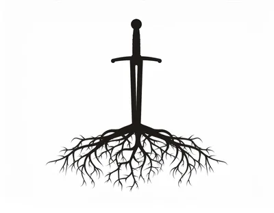 Black Silhouette Of A Sword With Tree Roots