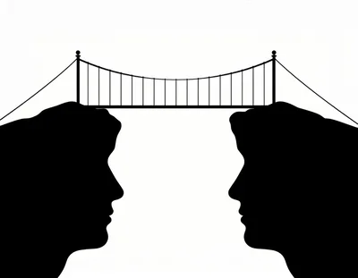 Conceptual Silhouette Of Two Human Profiles Connected By Bridge