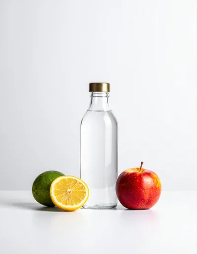 Glass Water Bottle With Fresh Fruit On White Background